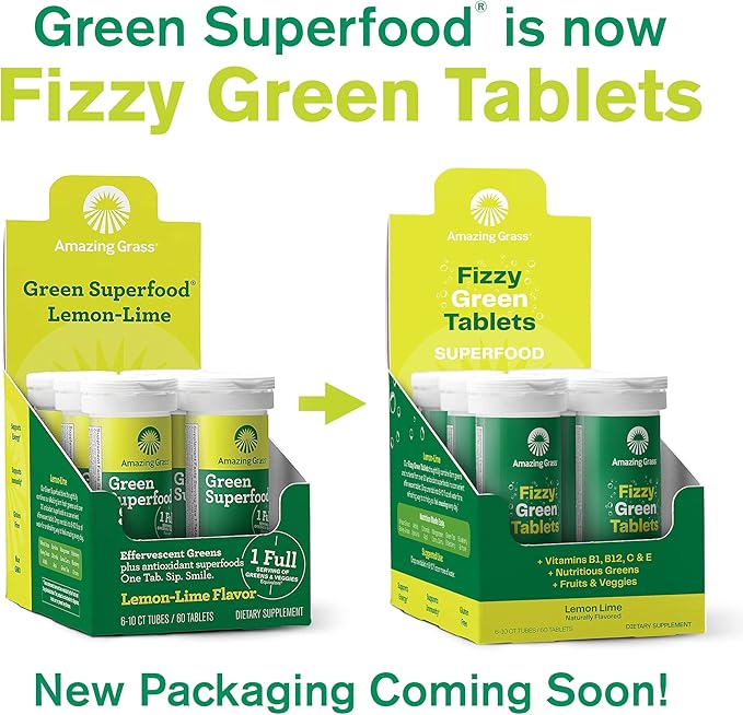 Amazing Grass Effervescent Tablets: Green Superfood Water Flavoring Tablet with Antioxidants & Alkalizing Greens, Lemon Lime, 60 Count