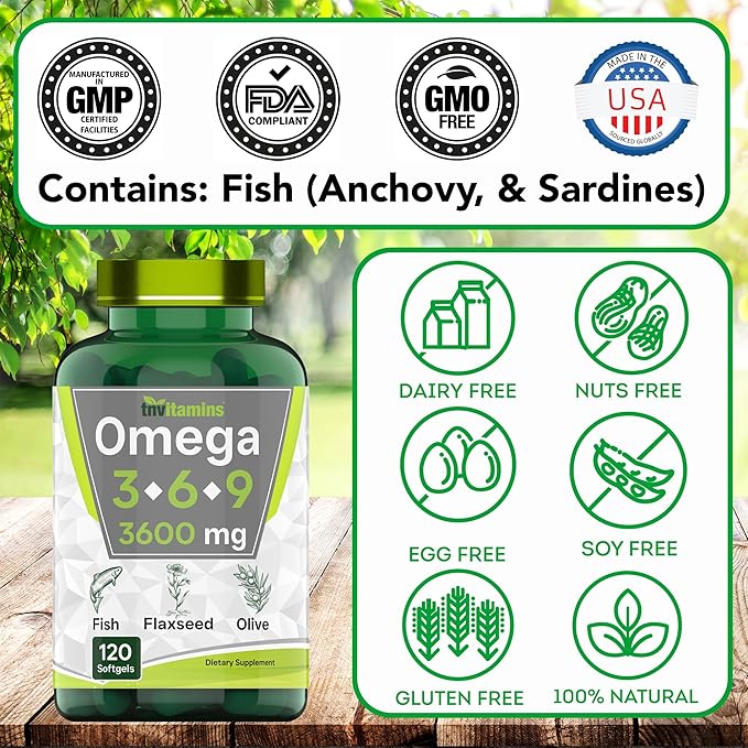 Triple Omega 3◆ 6◆ 9: 3600mg x 120 Softgels | Omega Essential Fatty Acids from Fish Oil (EPA & DHA), Flaxseed Oil (ALA & LA), & Olive Oil (OA) | Omega 3-6-9 Supplement for Women & Men | Non-GMO