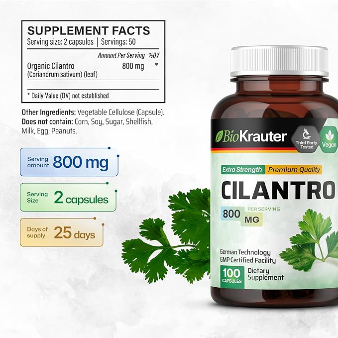BIO KRAUTER Cilantro Supplement - 800 mg per Serving - 100 Cilantro Capsules - Rich Source of Antioxidants - Natural Cleansing & Detox - Vegan