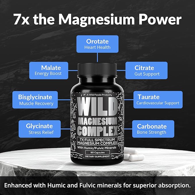 Wild Foods Magnesium Complex Supplement with 7X Forms, 90 Capsules | High Absorption, Full Spectrum, Easy Digestion | 500mg Glycinate, Bisglycinate, Malate, Orotate, Citrate, Taurate
