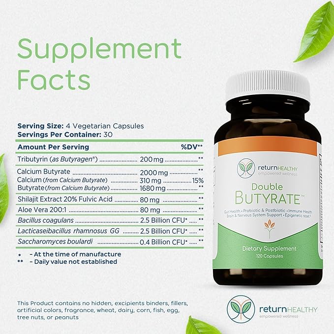 Double Butyrate Gut Health Supplement|Probiotic & Postbiotic Digestive Supplements for Gut Support|Enhances Immune, Brain, & Nervous System Function|Odor-Free Formula | 120 caps, 3 Pack
