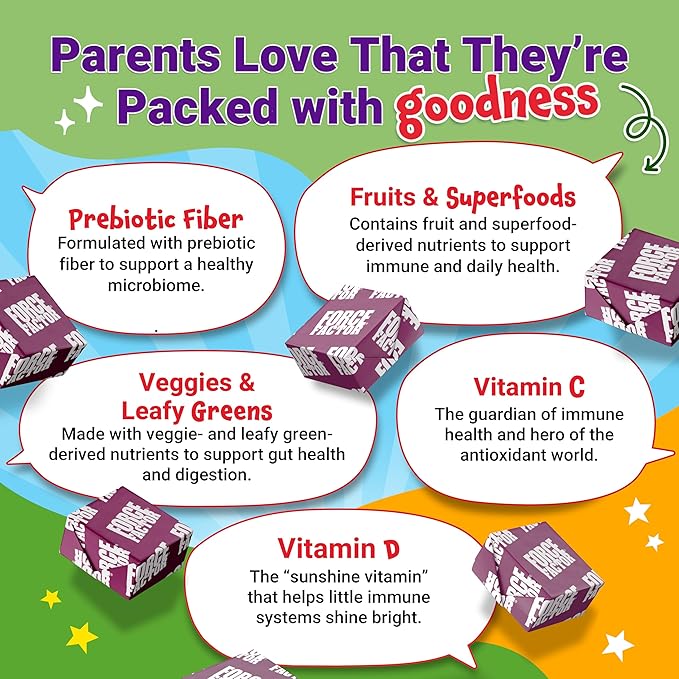 FORCE FACTOR Kids Superfood Super Chews, Kids Vitamins C & D, Immune Support Supplement with Antioxidant Support from Powdered Fruits & Veggies, 2-Month Supply, Very Berry Grape Flavor, 60 Soft Chews