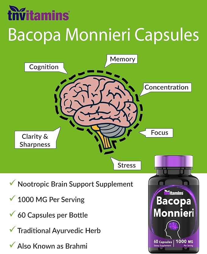 Bacopa Monnieri Capsules 1000 MG (60 Capsules) | Nootropic Brain Support Supplement* | Bacopa Leaf Extract Powder Pills