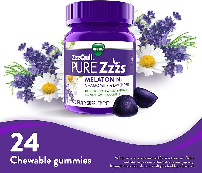 ZzzQuil PURE Zzzs Melatonin Gummies, Sleep Aid, Melatonin 2mg, with Chamomile & Lavender, Melatonin Sleep Gummies, Sleep Aids for Adults, Wildberry Vanilla Flavored, 24 Sleep Gummies