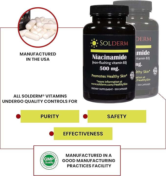 Niacinamide Non-Flushing Vitamin B3 Supplement | Vegetarian and Gluten-Free Vitamin Niacinamide Tablets with Vegetable Cellulose Casings | Promotes Healthy Skin | 120 Capsules | 500mg