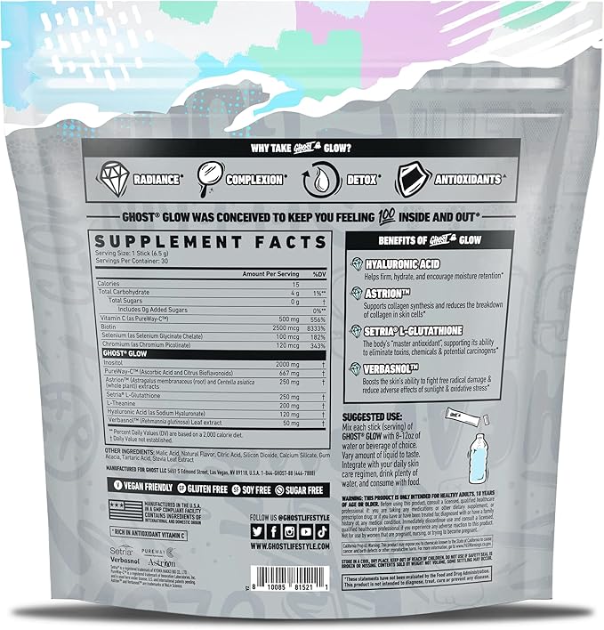 GHOST Glow Sticks: Beauty and Detox Supplement - 30 On-The-Go Stick Packs, Pina Colada - Hyaluronic Acid, Biotin & L-Theanine for Skin-Boosting Support – Sugar Free, Gluten Free