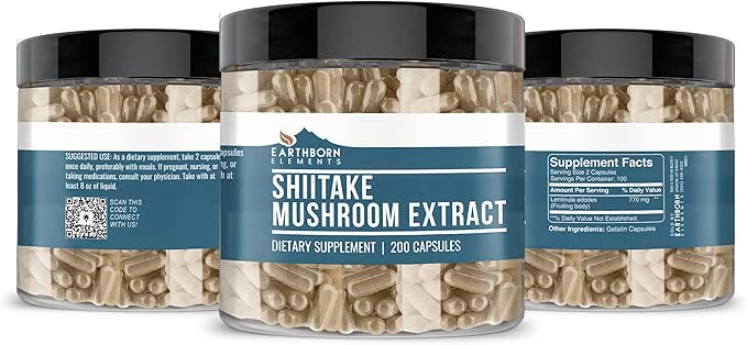 Earthborn Elements Shiitake Mushroom Extract 200 Capsules, Pure & Undiluted, No Additives