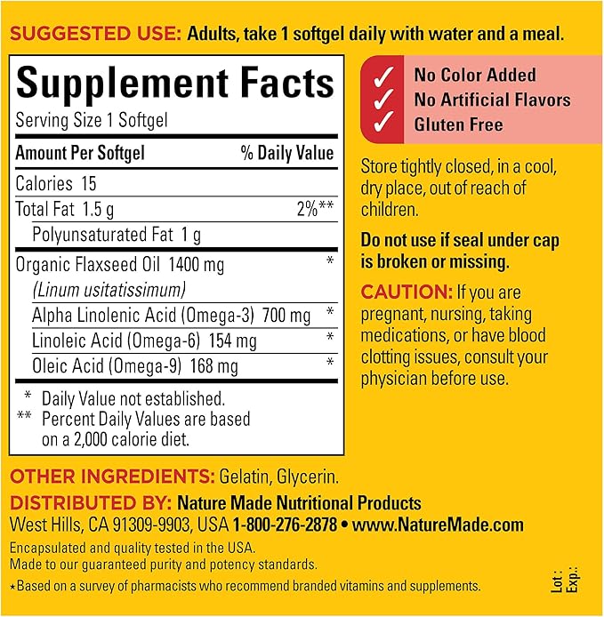 Nature Made Extra Strength Flaxseed Oil 1400 mg, Fish Free Omega 3 Supplement, Dietary Supplement for Heart Health Support, 100 Softgels, 100 Day Supply
