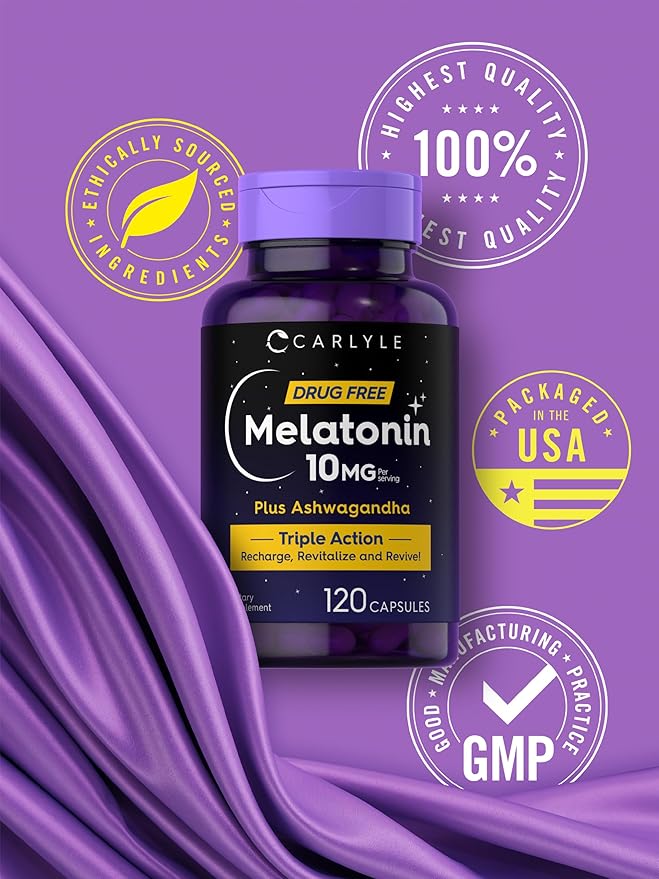 Carlyle Melatonin 10mg | 120 Capsules | with Ashwagandha | Triple Strength Formula | Non-GMO, Gluten Free Supplement