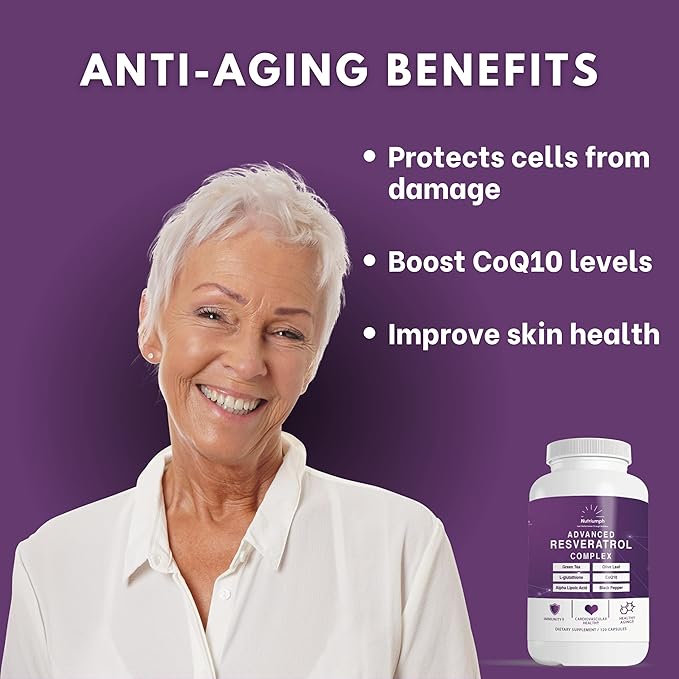 Advanced Resveratrol Complex – 1400mg Antioxidant Supplement with CoQ10, L-Glutathione, Alpha Lipoic Acid, Green Tea, Olive Leaf, and Black Pepper – 120 Vegan Capsules – Non-GMO, Made in USA