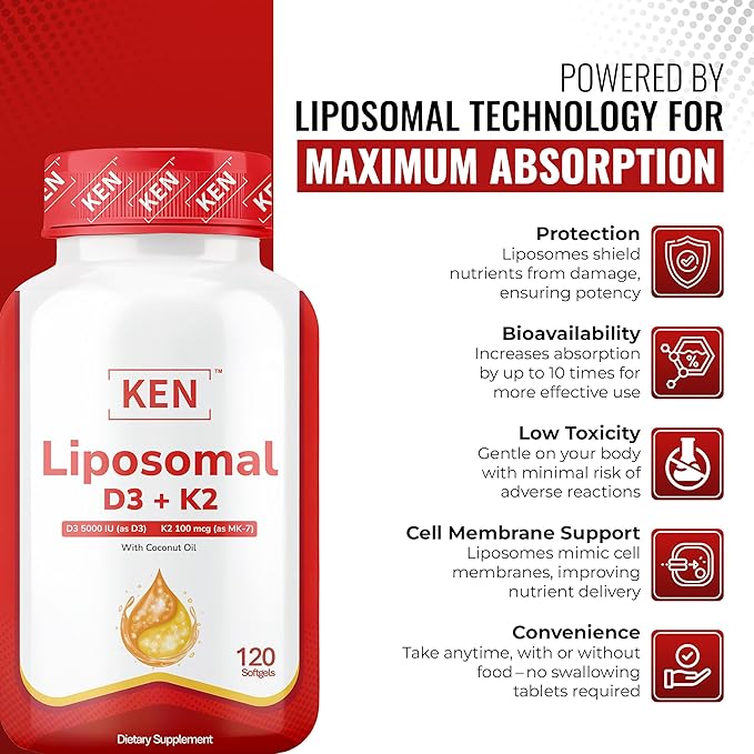 KEN Liposomal Vitamin D3 5000 IU + K2 (MK7) 100mcg, Bone Support Supplement, Enhanced Calcium Absorption, Supports Immune Function, Coconut Oil, No Seed Oil, Non-GMO 120 Halal Bovine Softgels