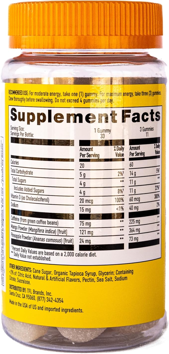 Energy Gummies, 2475mg of Plant-Based Caffeine Chews per Bottle, Long Lasting Energy Boosters, Tropical (33ct)
