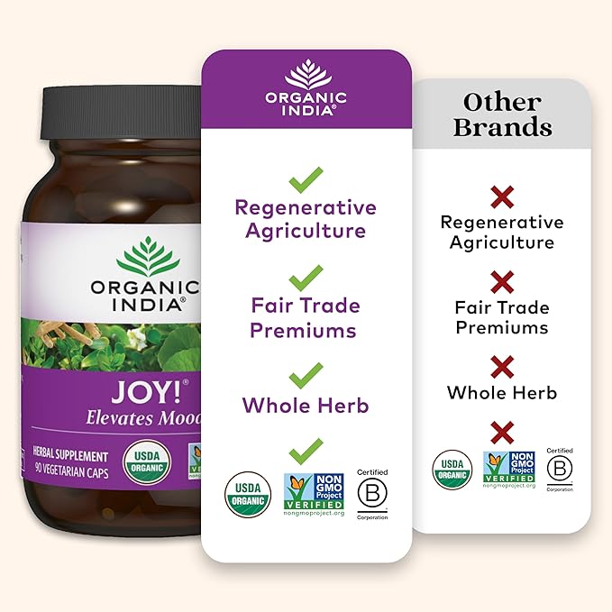 ORGANIC INDIA Joy Herbal Supplement - Immune Support, Promotes Memory & Concentration, Vegan, Gluten-Free, Kosher, USDA Certified Organic, Non-GMO, Calming - 90 Capsules