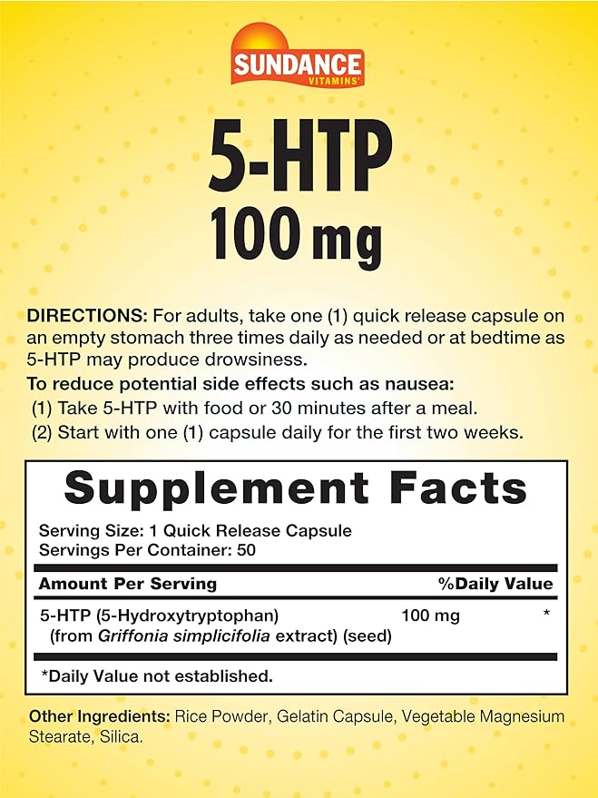 Sundance 5-HTP 100mg | 50 Capsules | 5 Hydroxtryptophan | Non-GMO & Gluten Free Supplement