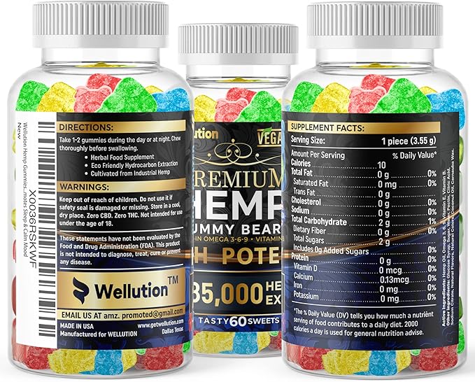 WELLUTION Sugar-Coated Hemp Gummies – High Potency 2,985,000 MCG – Natural Fruity Bears for Relaxation and Peace - Fast-Acting - 60ct