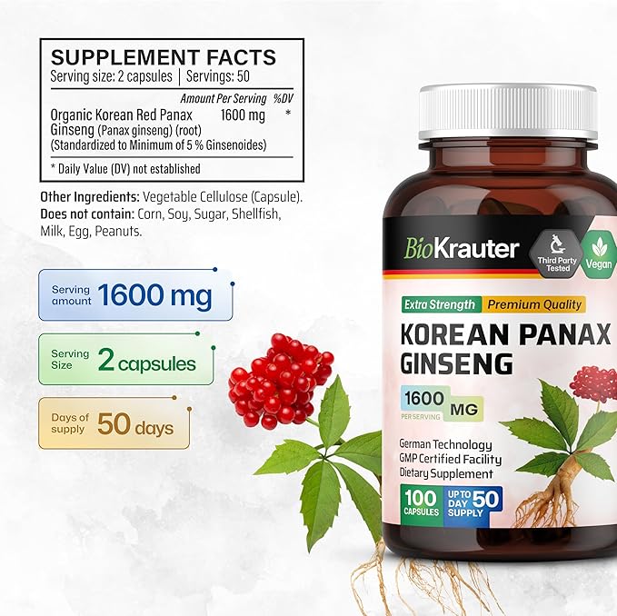 BIO KRAUTER Korean Red Ginseng Capsules - 1600 mg Strength - 100 Count - Korean Panax Ginseng Supplement - Vegan Immune Supplement