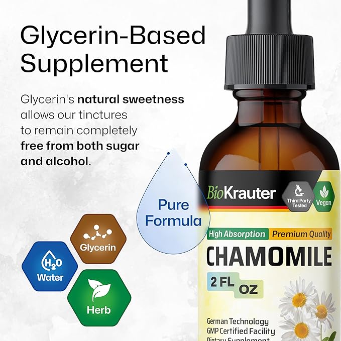 BIO KRAUTER Chamomile Flowers Tincture - Chamomile Extract - Contains Apigenin - Supplement for Relaxation and Calmness Support - Alcohol and Sugar Free - Vegan Drops 2 Fl.Oz.