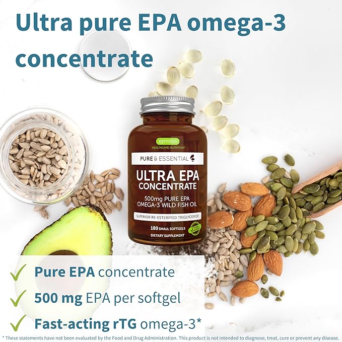 Igennus Ultra Pure Omega-3 EPA 500mg, Highly Concentrated IFOS Certified Wild Fish Oil, Advanced rTG Triglyceride Form, Non-GMO, 180 Small Softgels