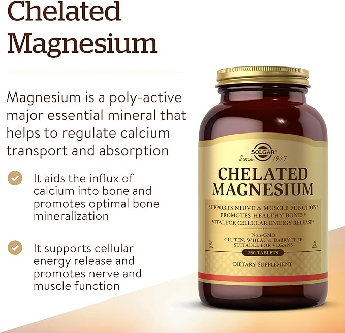 Solgar Chelated Magnesium, 250 Tablets - Supports Nerve & Muscle Function - Promotes Healthy Bones - Vital for Cellular Energy Release - Non-GMO, Vegan, Gluten Free, Dairy Free - 62 Servings
