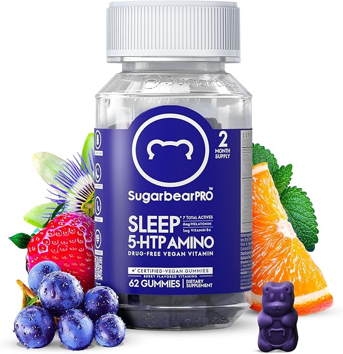 Sugarbear Sleep Gummy 2 Month Supply, Extra Strength Melatonin 6mg, for Men & Women, Vegan Vitamin B6, L-Theanine, 5 HTP, Valerian, Sleep Aid for Adults & Teens, Certified Kosher, Halal, Cruelty-Free