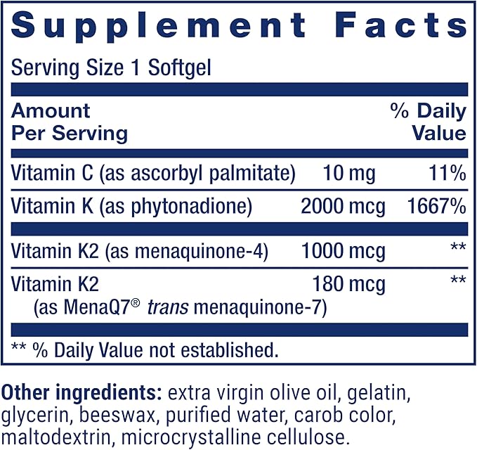 Life Extension Super K, vitamin K1, vitamin K2 mk-7, vitamin K2 mk-4, vitamin C, bone/heart/arterial health, 3-month supply, Gluten-Free, 1 Daily, Non-GMO, 90 softgels