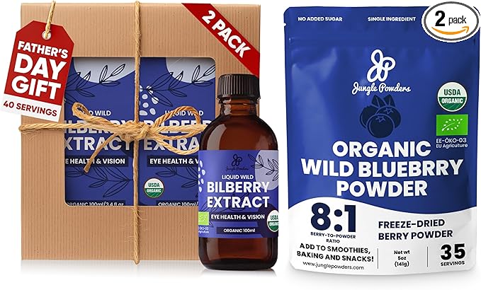 Father's Day Gift for Grandpa - USDA Organic Wild Bilberry Extract Bundle 2x3.4oz Liquid Extract + Organic Wild Blueberry Powder 5oz - Wellness Gift for Eyes & Superfood Extract
