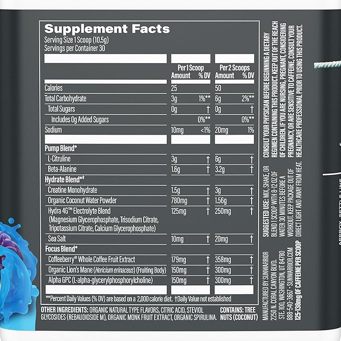 Sunwarrior Pre Workout Powder Energy Drink Vegan Plant-Based Supplement Pump, Hydrate, Focus, Endurance, & Strength Builder Blue Raspberry Pineapple Flavored 30 Servings Active Preworkout