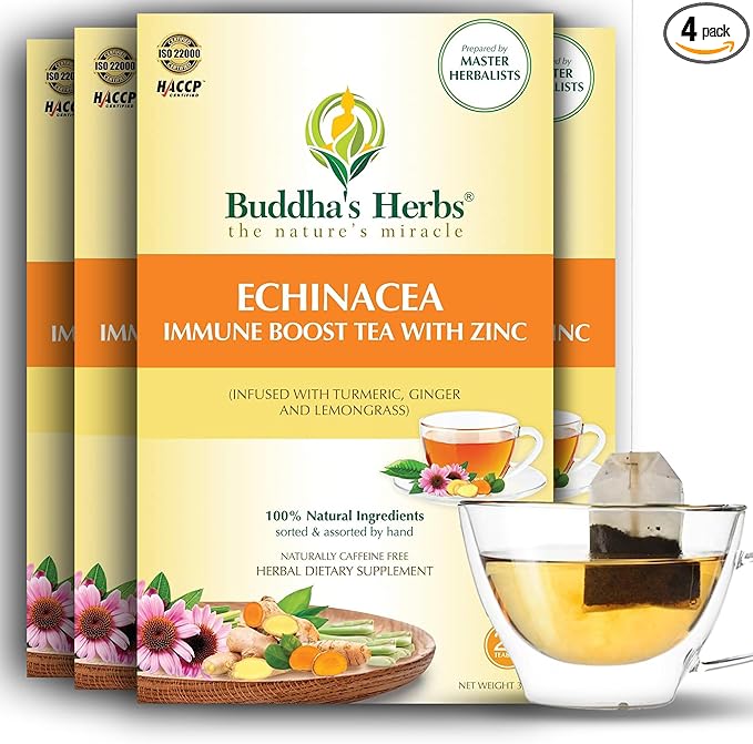 Premium Echinacea Tea with Zinc (Pack of 4, 88 Tea Bags) - Decaffeinated Healthy Tea for Immune Health - Organic Herbal Tea Bags w/Natural Ingredients - Ideal Tea Gifts for Tea Lovers