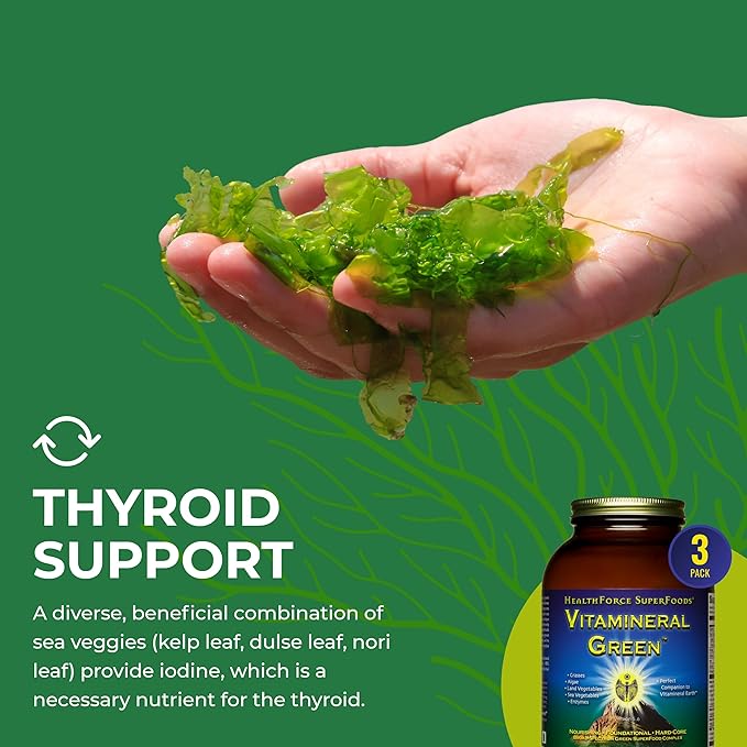 HealthForce SuperFoods Vitamineral Green - Mineral Supplement for Immune & Thyroid Support - Green Powder Supplement with Ingredients from The Land - Gluten-Free & Vegan - 500 Grams (Pack of 3)