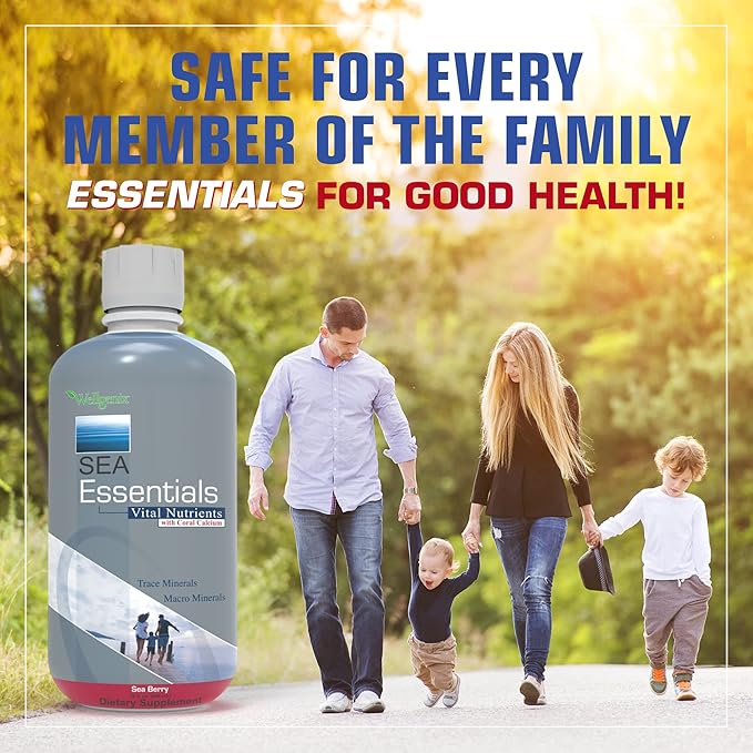 Wellgenix Sea Essentials Vital Nutrients - Coral Calcium Liquid Multivtamin - Adults & Kids Daily Supplement - Nutritional Sea Vegetation Mineral Drink - Sea Berry Flavor 32oz (3)