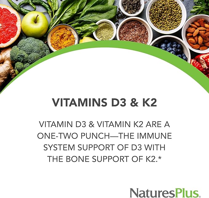 Natures Plus Vitamins D3 & K2-90 Tablets - Promotes Bone Support, Immune Function, Cardiovascular Health & Mood Balance - Vegetarian, Gluten Free - 90 Servings