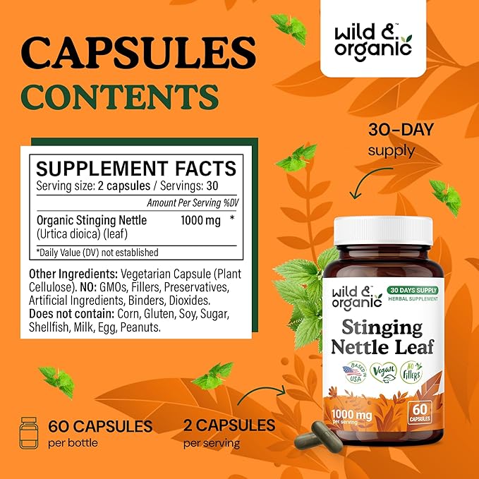 Wild & Organic Stinging Nettle Leaf Capsules - 1000 mg Stinging Nettle Extract for Urinary Support - 60 Vegan Herb Capsules - 30 Days Supply - Non-GMO, Gluten-Free, No Fillers