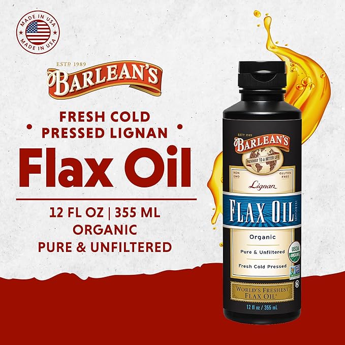 Barlean's Organic Lignan Flaxseed Oil Liquid Supplement from Cold Pressed Flax Seeds, 7,230 mg ALA Omega-3 Fatty Acids for Healthy Hair, Skin, and Eyes, Gluten Free, 12 oz