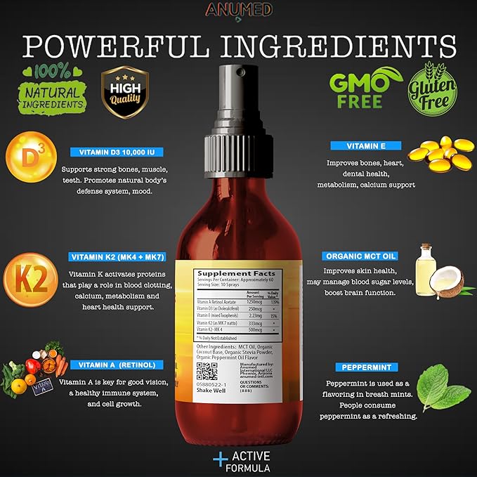 Vitamin D3 K2 10,000 IU Liquid Spray with Organic MCT Oil, Vitamin A (Retinol) 1250mcg, K2 (MK4,MK7) Promotes Heart, Bones, Immune System. 100% Vegan, Non-GMO, Gluten-Free, No Sugar Added (2oz)