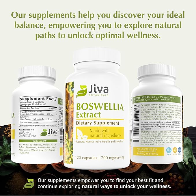 Jiva Botanicals Boswellia Extract Capsules 700mg per Serving - Boswellia Serrata Extract Supplement & Black Pepper - Joint Support Supplement for Normal Joint Health - Made in The USA - 120 Capsules