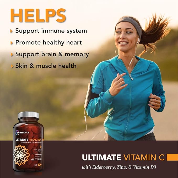 Ultimate Vitamin C Supplement 2000mg with Zinc, Elderberry Extract, D3 - High Potency Vitamin C for Immune Support, Antioxidant, and Collagen Booster. Non-GMO, Gluten Free - 120 Vegan Tablets