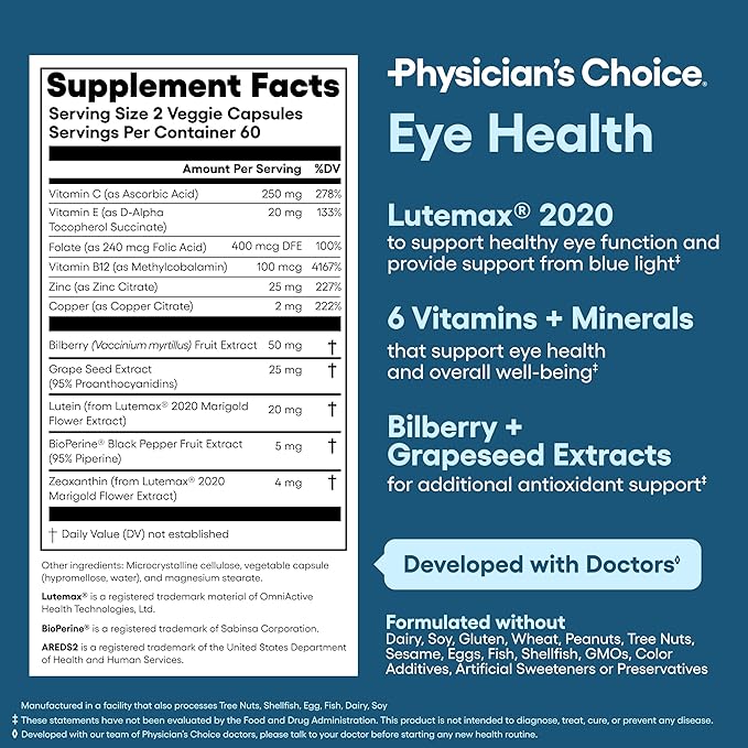 Areds 2 Eye Vitamins - Lutein, Zeaxanthin & Bilberry Extract - Supports Eye Strain, Dry Eyes, and Vision Health - 2 Award-Winning Clinically Proven Eye Vitamin Ingredients - Carotenoid Blend
