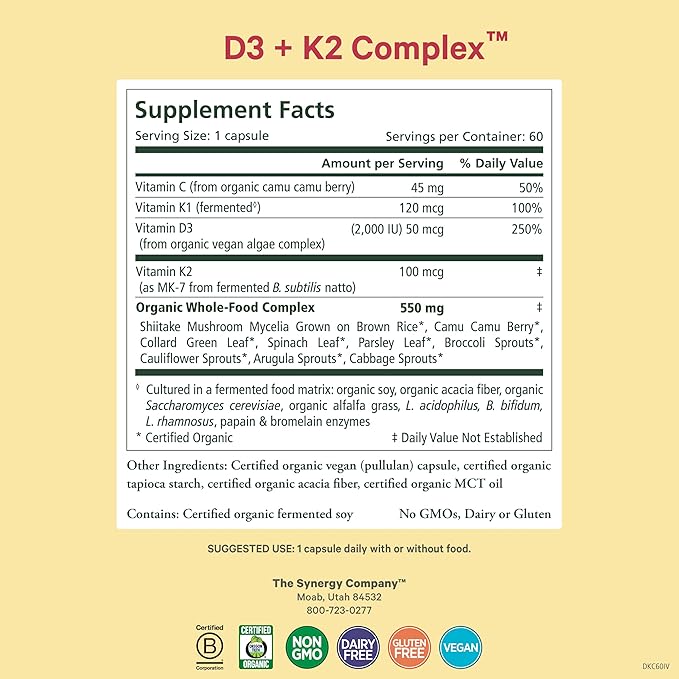 PURE SYNERGY D3 + K2 Complex | Vegan Vitamin D3 K2 Complex | Organic D3 Supplement with Vitamin K2 and K1 Plus Organic Whole Foods | Supports Bone, Brain, and Immune Health (60 Capsules)
