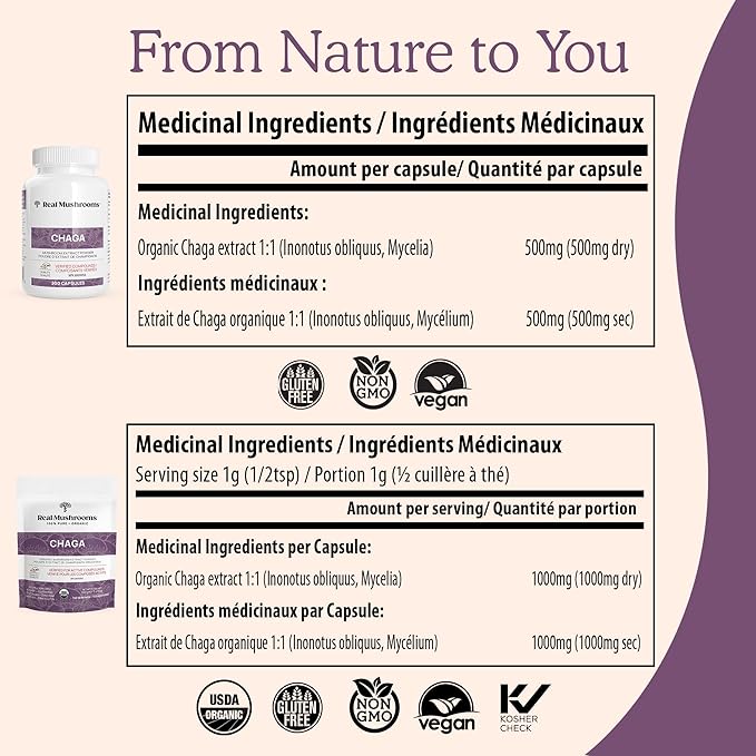 Real Mushrooms Chaga Powder - Organic Mushroom Supplement with Extract for Digestion, Energy, Immune Support Vegan Extract, Non-GMO, 150 Servings