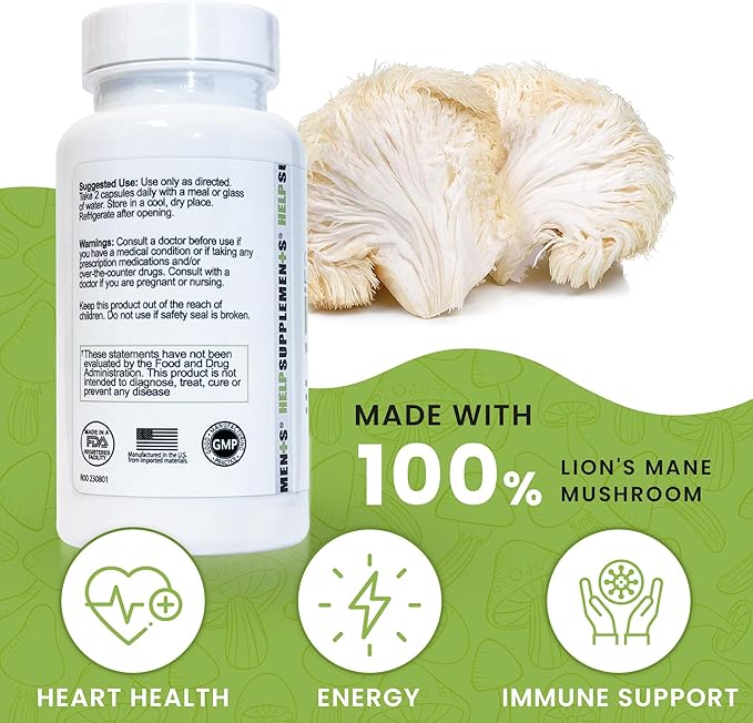 Organic Lion's Mane Mushroom Capsules | 1000mg Lions Mane Powder Extract Supplement | Dietary Herbal Supports for Focus, Memory, Digestion & Immune Health | Gluten, Soy, Milk-Free | 60 Capsules
