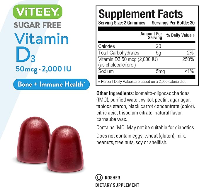 Vitamin D3 Gummies for Adults & Teens - 2,000 IU, 50mcg - Sugar Free, Bone, Joint & Muscle Health, Immune Boost - Vegetarian, Gelatin Free, GMO Free - Tasty Chewable Berry Flavored Gummy