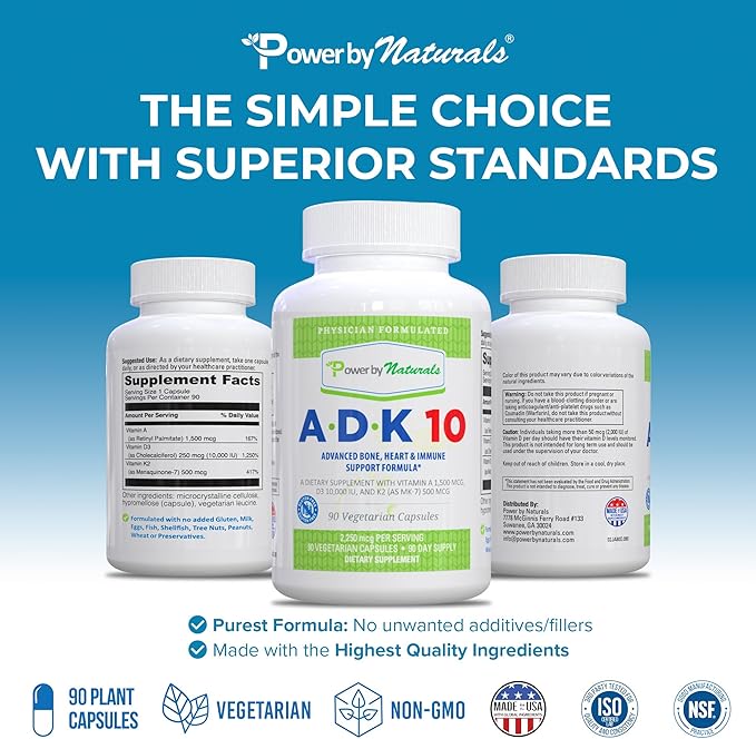 Power By Naturals ADK Vitamin Supplement – ADK 10 High Potency with Vitamins A, D3 10,000 IU & K2 MK7 for Superior Heart, Immune & Bone Health Support – 90 Capsules, 2 Pack (6-Month Supply)