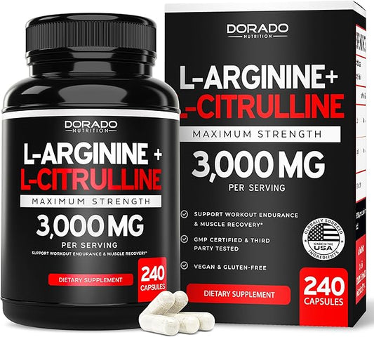 L Arginine L Citrulline Supplement 3000mg (240 Capsules) Nitric Oxide Pills for Men - Stamina, Endurance, Performance for Workouts - NO Supplements for Men - Gluten Free, Non-GMO, Vegan Capsules