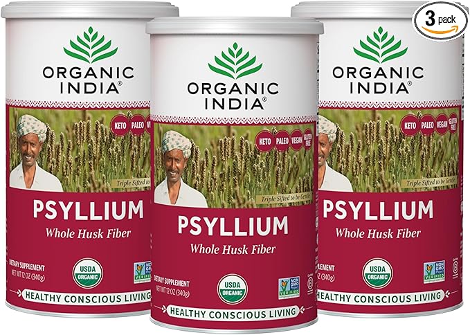 ORGANIC INDIA Psyllium Herbal Powder - Whole Husk Fiber Supplement, Digestion Support, Vegan, Gluten-Free, USDA Certified Organic, Non-GMO, Soluble & Insoluble Fiber Source - 12 oz (Pack of 3)