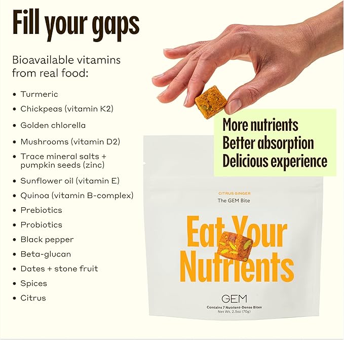 GEM Daily Multivitamin for Women & Men, 20+ Vitamins & Minerals zinc, Vitamin D, B, K, Folic Acid, Turmeric, Beta Glucan GLP-1 booster, Supports Gut, Skin, Brain, Immunity (Citrus Ginger, 28 Servings)
