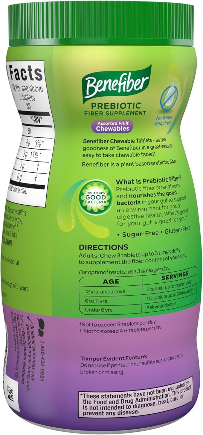 Benefiber Chewable Prebiotic Fiber Supplement Tablets for Digestive Health, Assorted Fruit Flavors - 100 Count