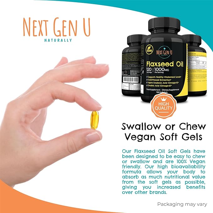 Flaxseed Oil Capsules - 1000 mg - 120 Vegan Soft Gels - High in Omega 3, 6, 9 - Cold Pressed Flax Seed Formula - 4 Months Supply - by NextGenU