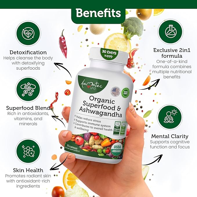 Organic Superfood Greens Fruits and Veggies Complex with Ashwagandha