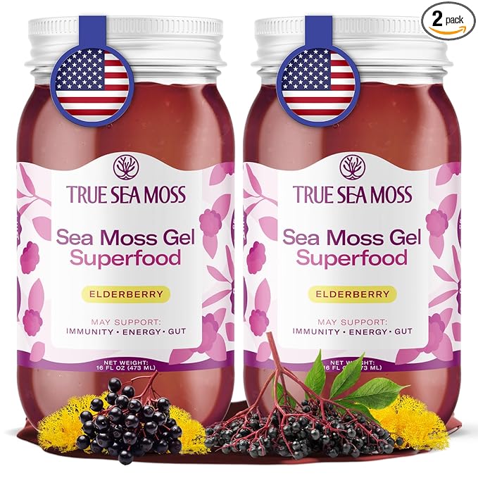 TrueSeaMoss Sea Moss Gel – Made in USA – Wildcrafted Seamoss, Fresh Fruits & Sea Vegetables – Elderberry, Pack of 2 (Labels may Vary)