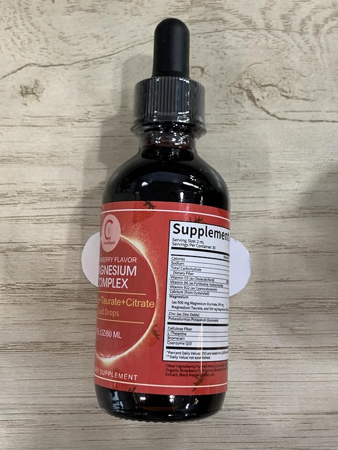 Triple Magnesium Complex Liquid Drops, Magnesium Supplement with Magnesium Glycinate, Taurate & Citrate, Calcium, Potassium, Non-GMO, Cranberry Flavor, 2 Fl OZ